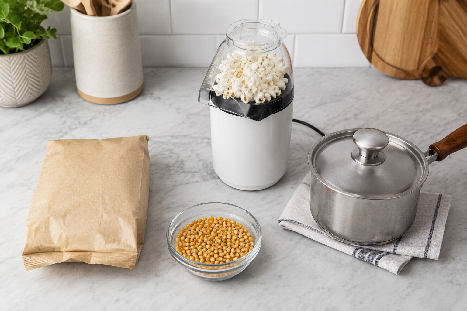 Different ways to make popcorn at home, including regular kernels, microwave popcorn bags, an air popper, and a stovetop pot.